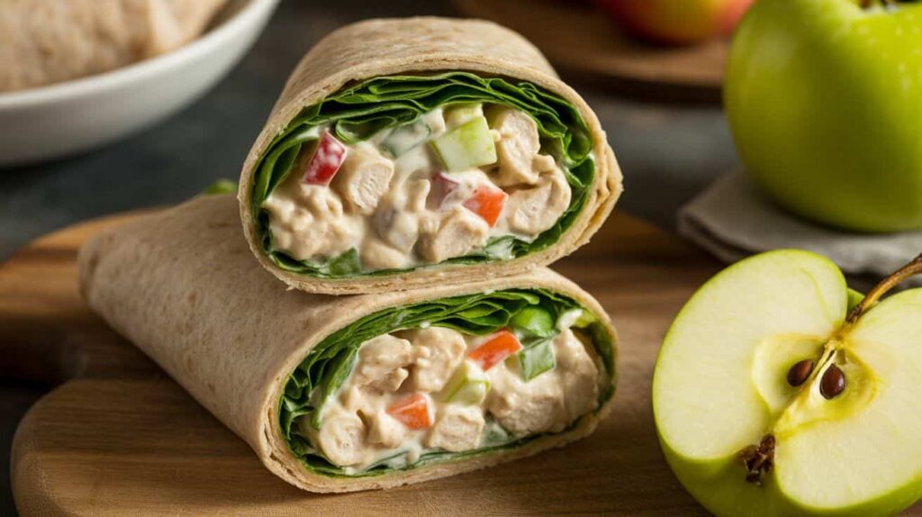 “Chicken apple salad wrap showing creamy chicken and apple filling.”