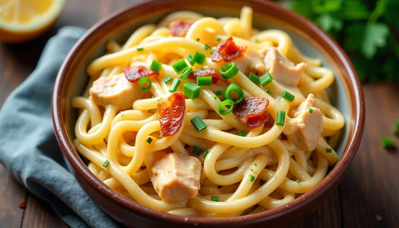 “A bowl of creamy chicken bacon ranch pasta salad with pasta, chicken, bacon, and herbs on a rustic wooden table.”