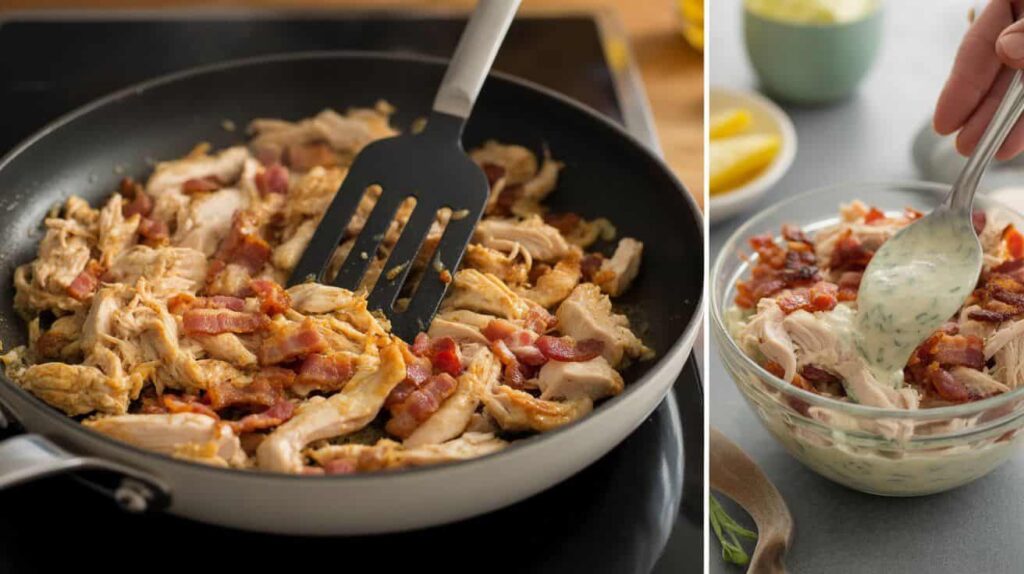 : “Shredded chicken and crispy bacon cooking in a skillet for chicken bacon ranch quesadilla.”“Chicken, bacon, and ranch dressing being mixed together in a bowl for quesadilla filling.”