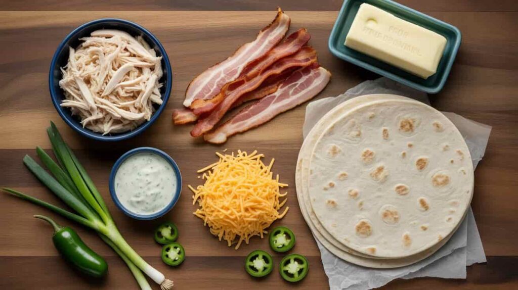 “Ingredients for chicken bacon ranch quesadilla including shredded chicken, bacon, cheese, tortillas, and ranch dressing arranged on a wooden counter.”