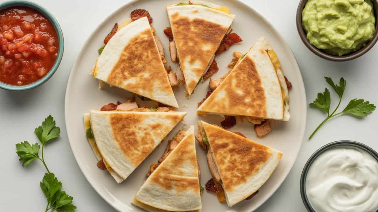 Chicken Bacon Ranch Quesadilla Recipe “Close-up of a pulled wedge of chicken bacon ranch quesadilla showing melted cheese and crispy edges.”