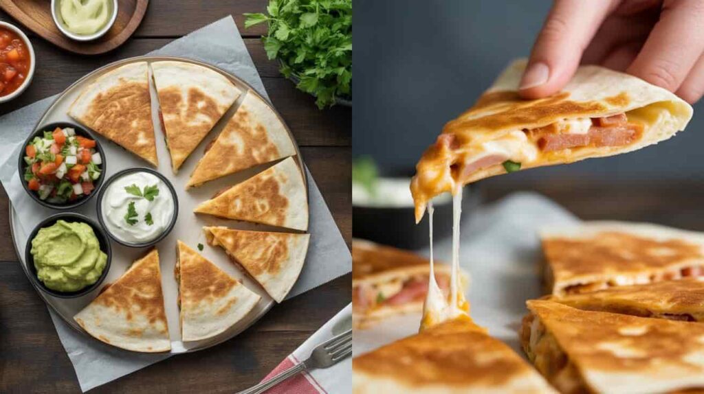 Chicken Bacon Ranch Quesadilla Recipe “Plated chicken bacon ranch quesadilla wedges with salsa, guacamole, and sour cream on a white plate.”