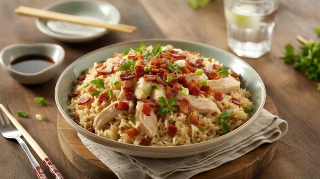 “Bowl of flavorful chicken and bacon rice garnished with parsley and green onions, served on a rustic wooden table with soy sauce and chopsticks.”