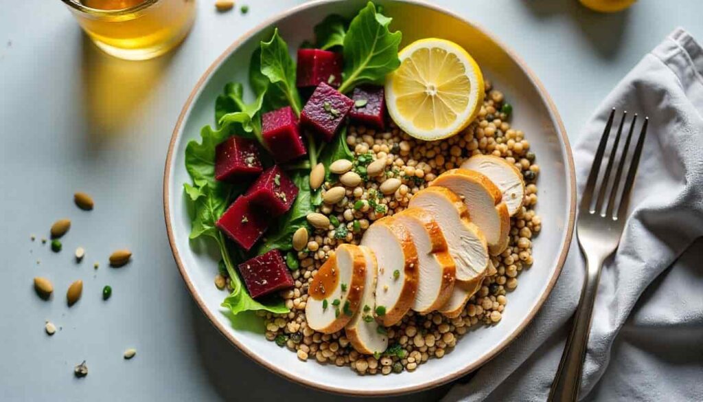 : Roasted beet and chicken grain bowl with quinoa, arugula, and seeds