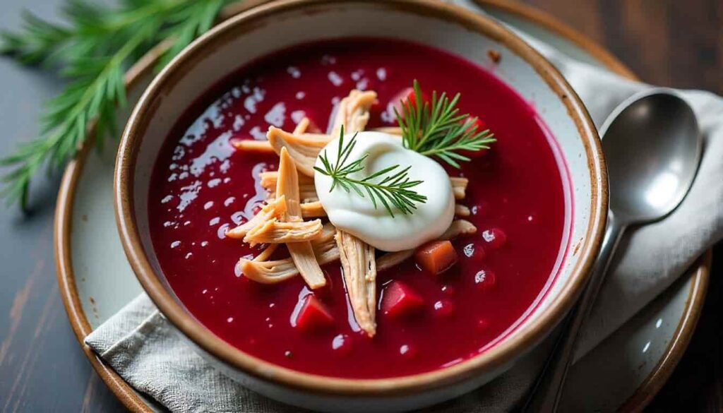 Warm chicken and beetroot soup served with dill and sour cream in a rustic bowl