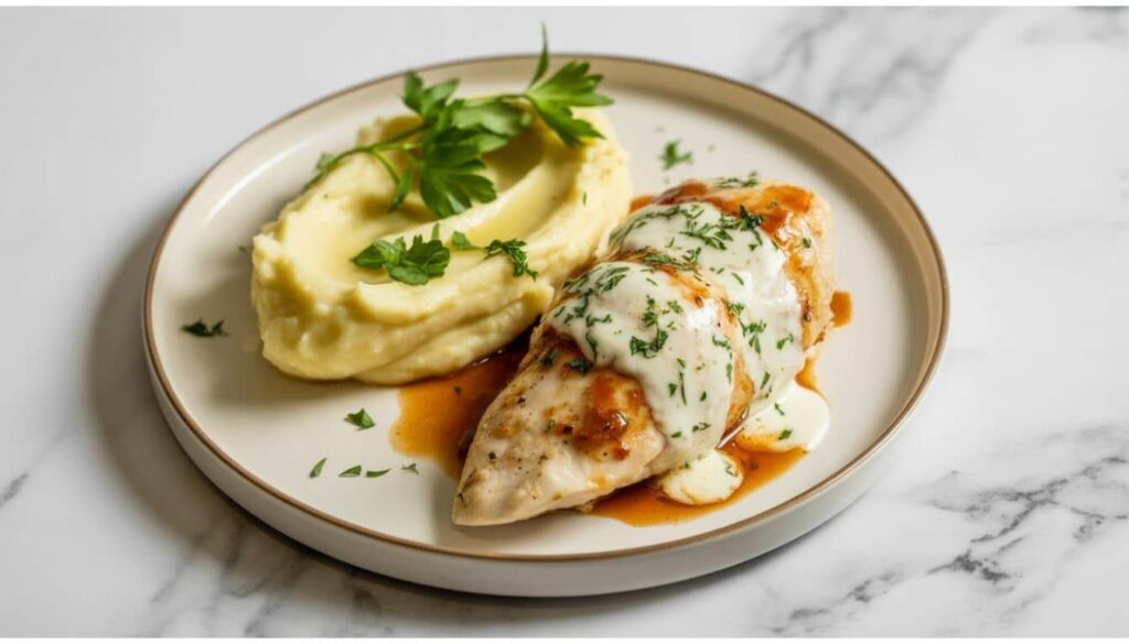 chicken-boursin-cheese-recipe “Plated Chicken and Boursin cheese dish served with mashed potatoes and fresh herbs on a white plate.”