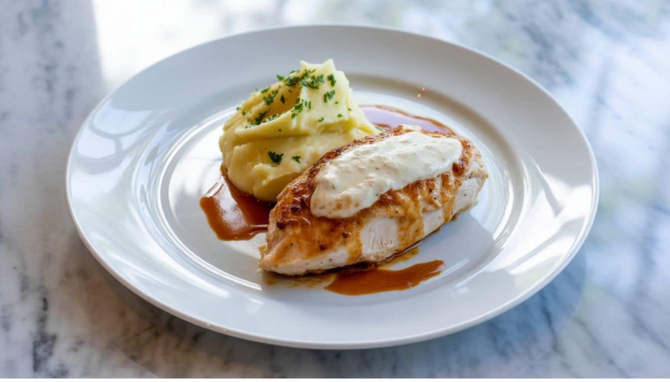 “Plated Chicken and Boursin cheese dish served with mashed potatoes and fresh herbs on a white plate.”