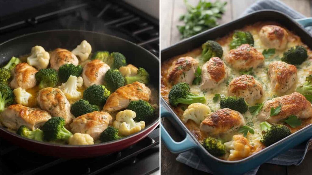 “Chicken, broccoli, and cauliflower cooking together in a skillet for a healthy one-pan meal.”