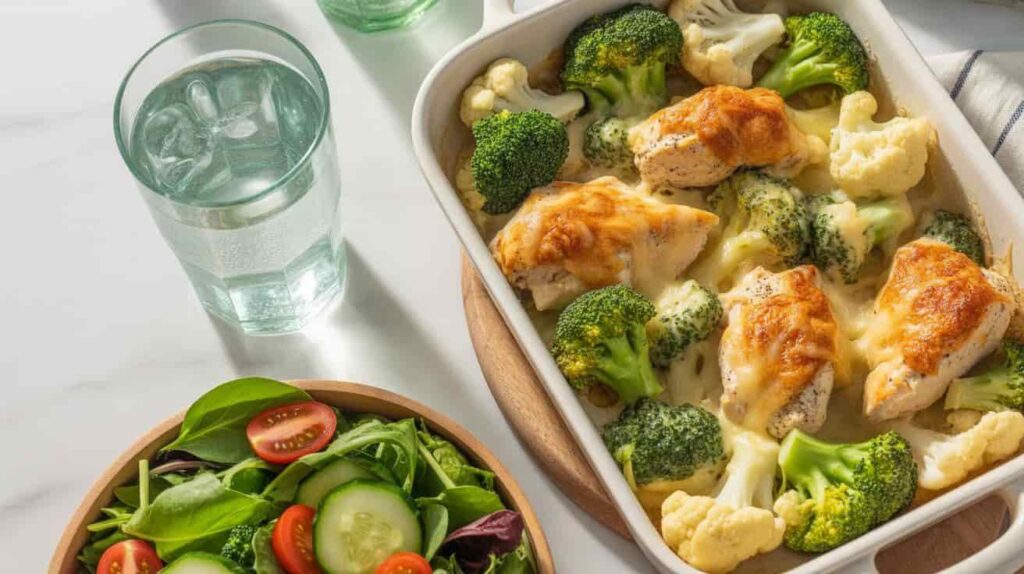 “Healthy chicken broccoli cauliflower meal served with salad for a balanced dinner.”