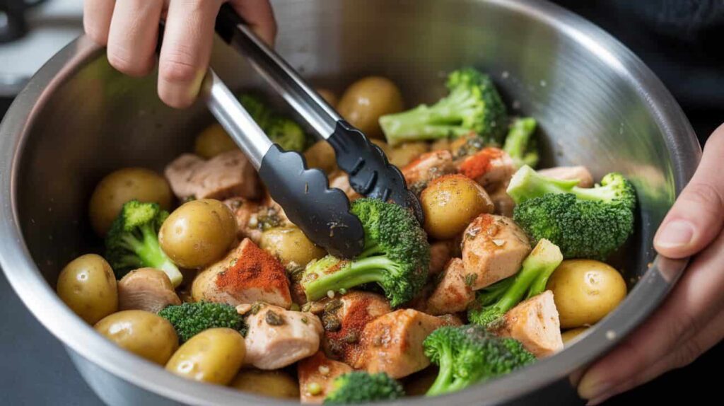 Close-up of a large mixing bowl with chicken, potatoes, and broccoli being tossed in olive oil and seasonings (paprika, garlic powder, salt, pepper). A hand using tongs to mix. Focus on texture and color.