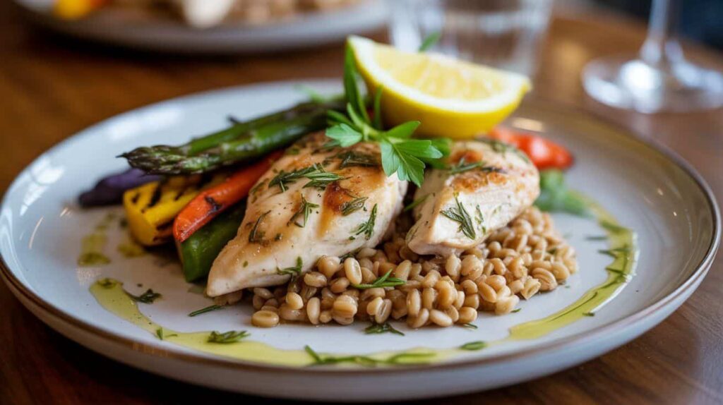 Lemon rosemary chicken served with farro and grilled vegetables