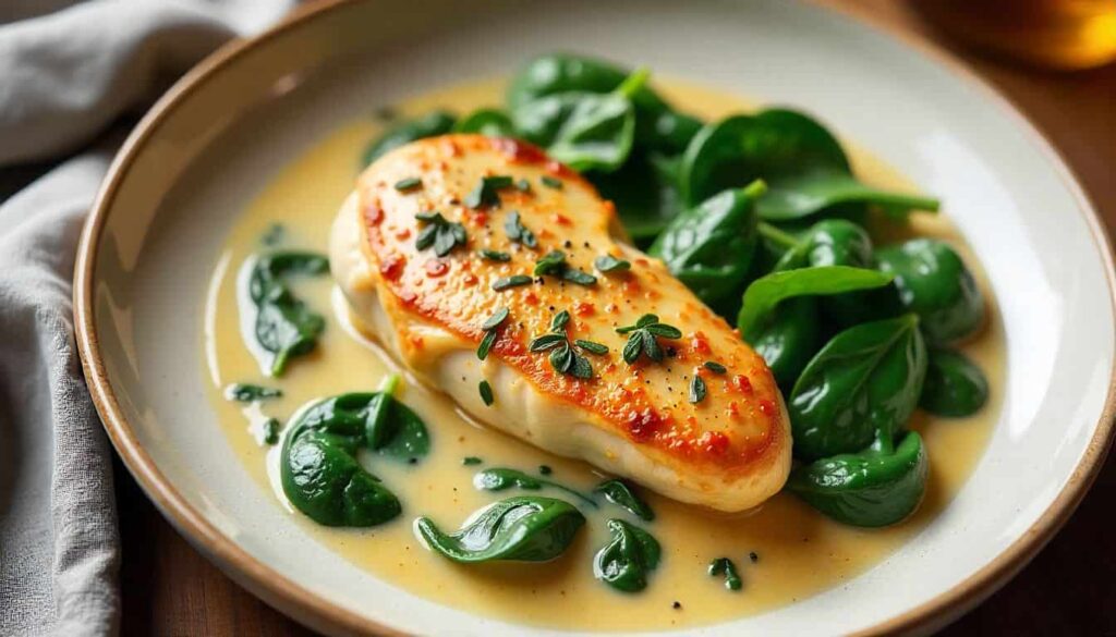 “Seared chicken breasts simmering in creamy Boursin garlic herb sauce with spinach in a skillet.”