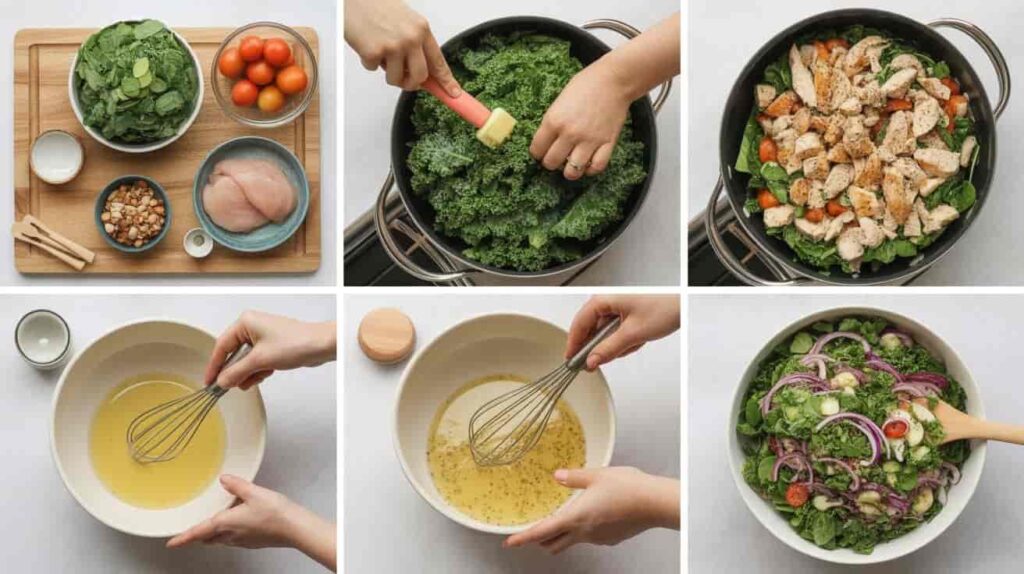 “Step-by-step collage of chicken kale salad preparation process.”