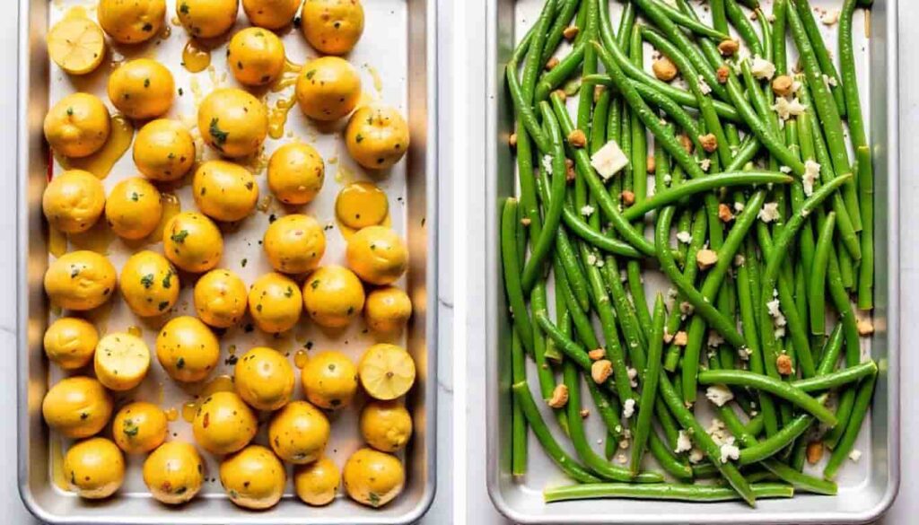 “Two variations of chicken potatoes and green beans recipe: honey Dijon and Italian style.”