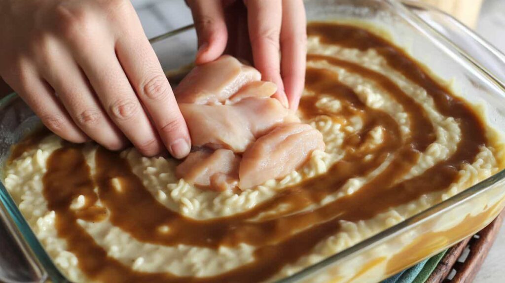 “Chicken rice onion soup mix casserole baking in oven until golden and bubbly.”