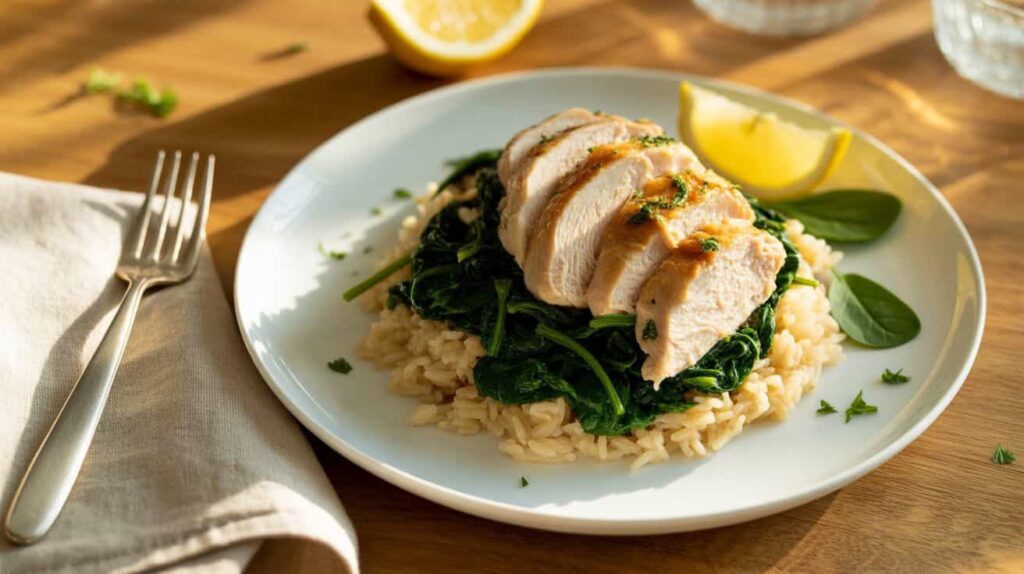 “Plated chicken rice spinach recipe served with lemon and parsley garnish.”