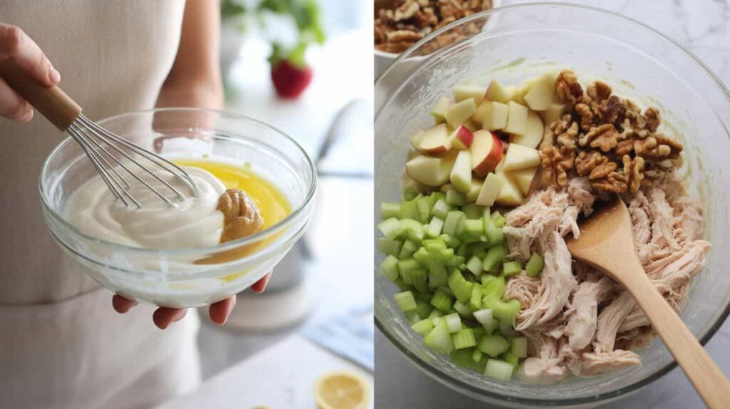 “Chicken apple salad ingredients in a bowl before mixing.”