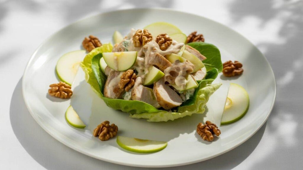 “Plated chicken salad with apples served over lettuce.”