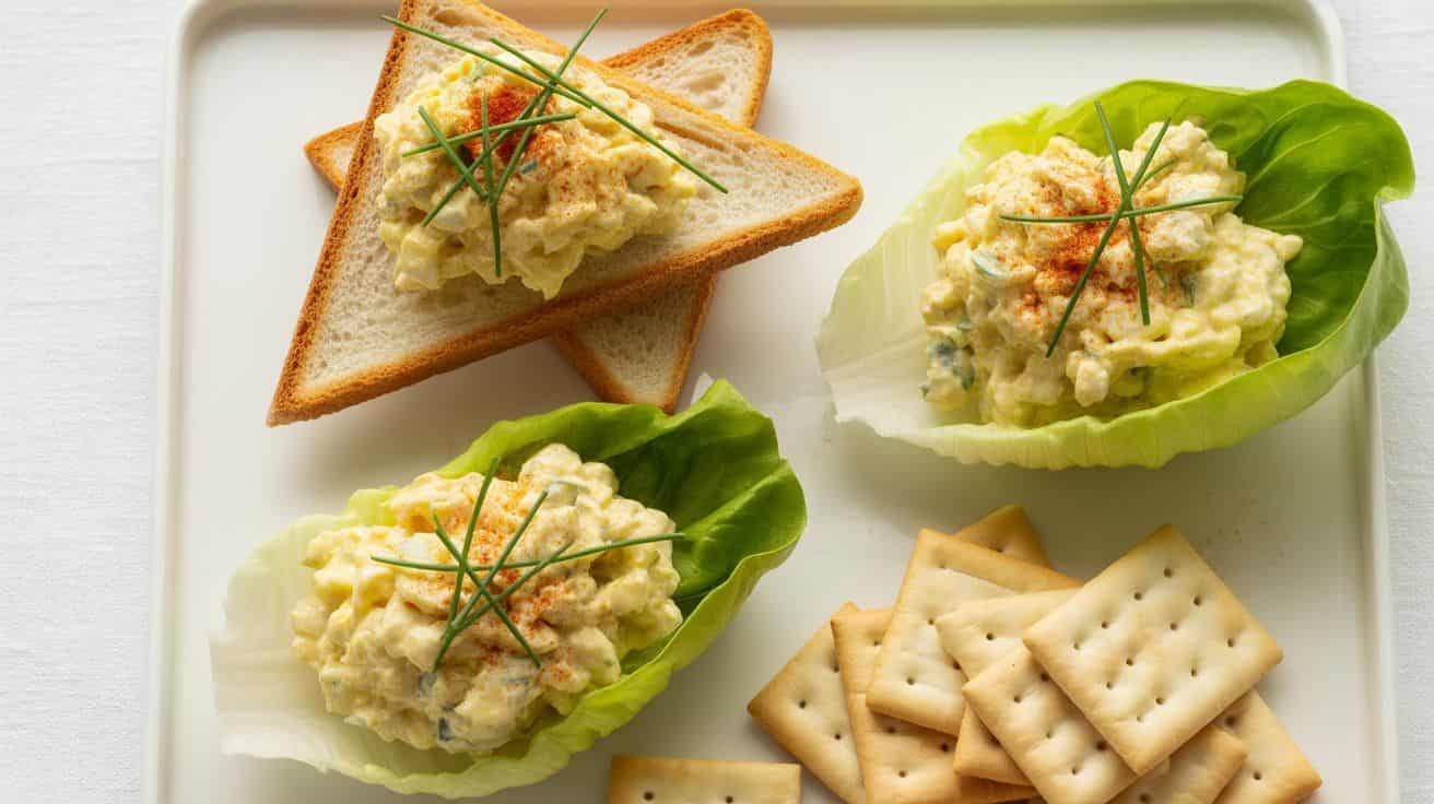 chicken-salad-chick-egg-salad-recipe “Chicken Salad Chick egg salad served on toast, in lettuce cups, and with crackers.”