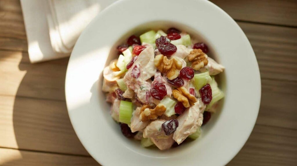 Chicken salad with cranberries served in a bowl.