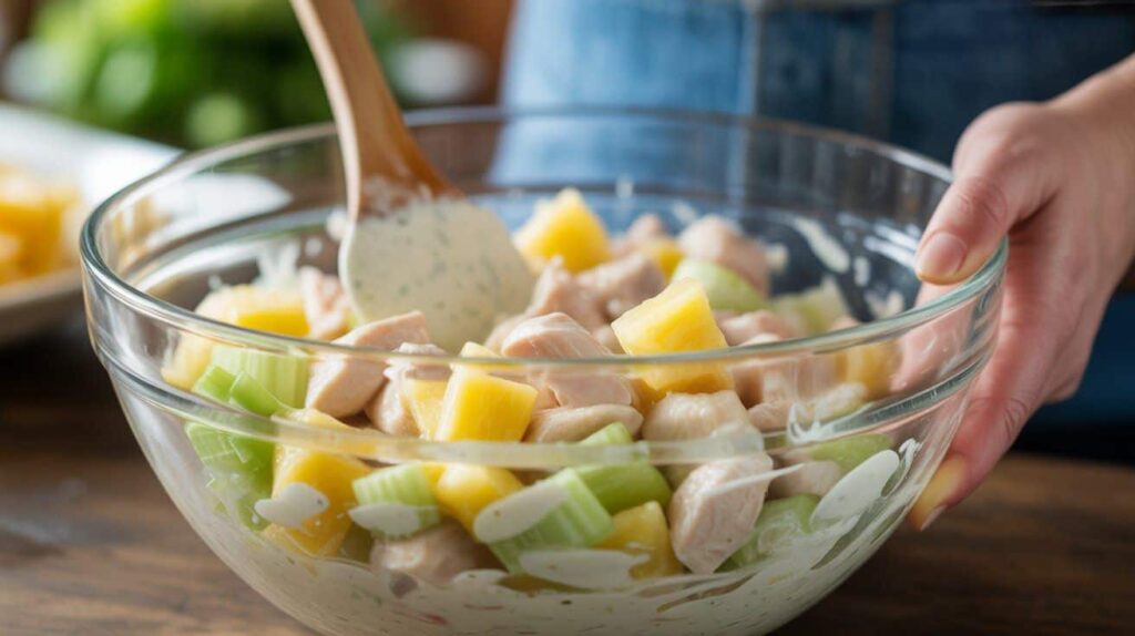 Mixing chicken salad with pineapple and creamy dressing in a glass bowl.