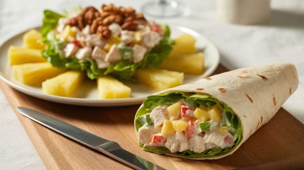 Meal prep containers filled with chicken salad with pineapple.