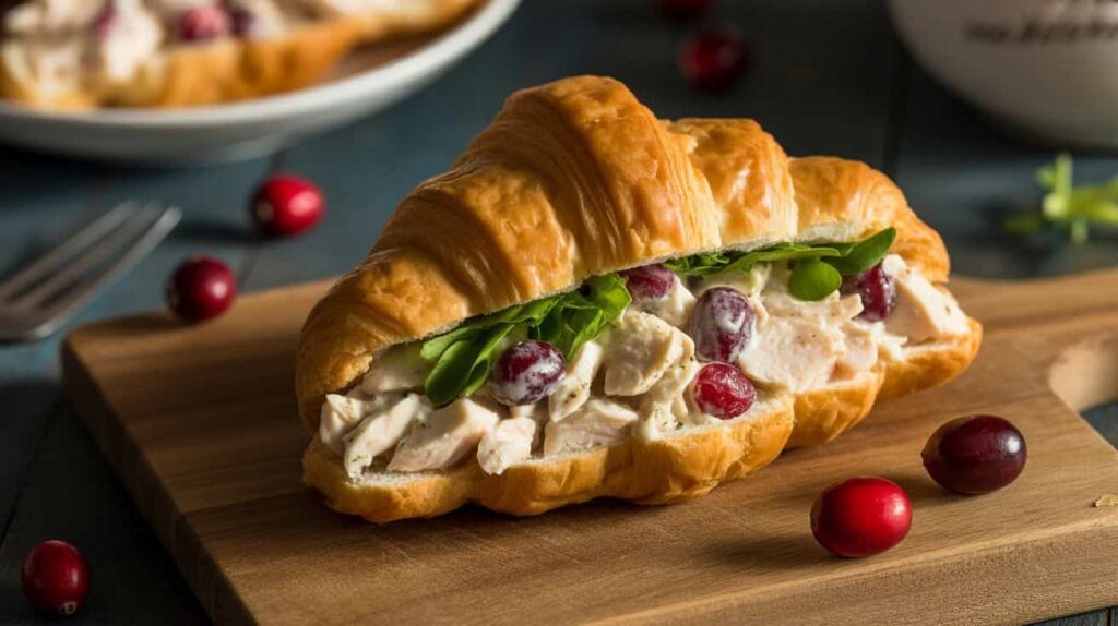 Chicken salad with cranberries served as a sandwich.
