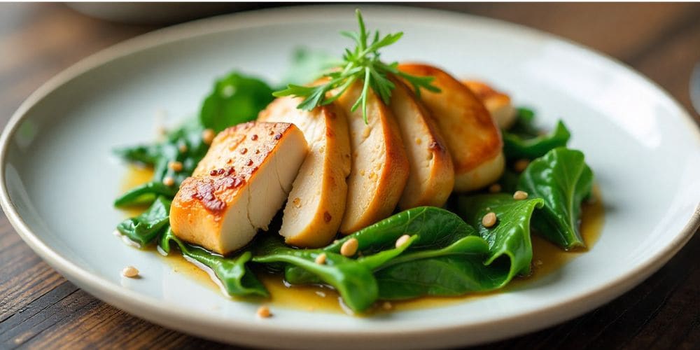 Close-up of golden chicken and vibrant Swiss chard in a cast-iron skillet, topped with Parmesan and lemon – healthy one-pan dinner