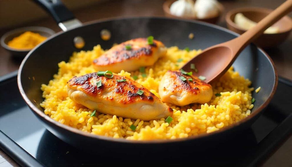“Cooking chicken and yellow rice step-by-step in a pan with steam and spices visible.”