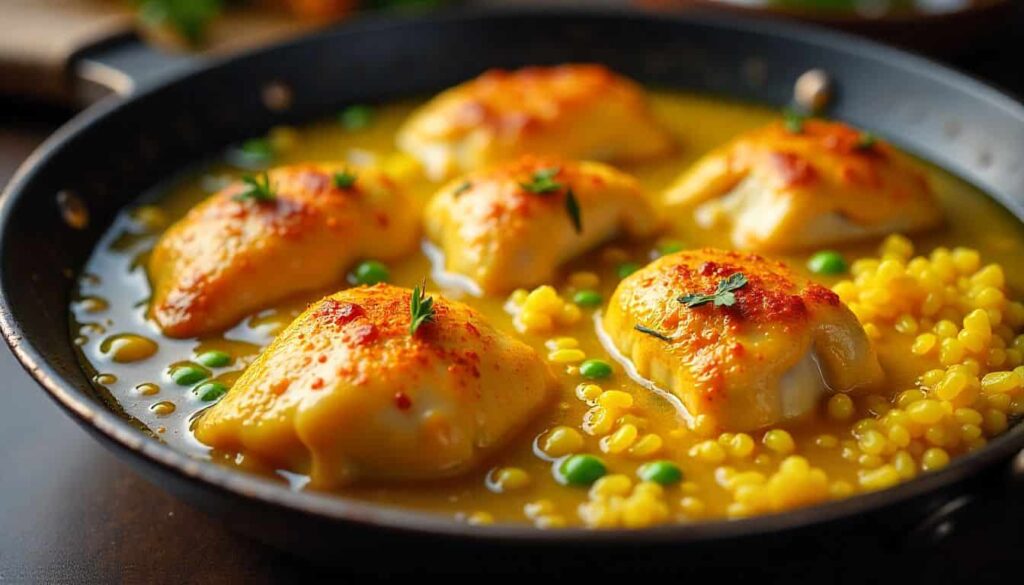 “Close-up of chicken pieces searing in turmeric-infused oil until golden brown.”