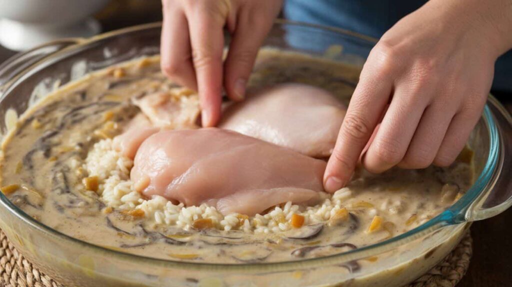 “Creamy baked chicken rice onion soup mix casserole served with parsley garnish.”