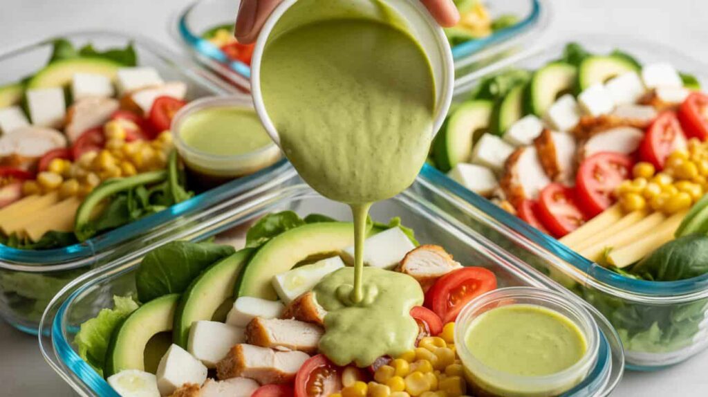 “Cobb Salad meal prep bowls with dressing cups.”Chick fil a Cobb Salad with avocado lime ranch dressing drizzled over the top