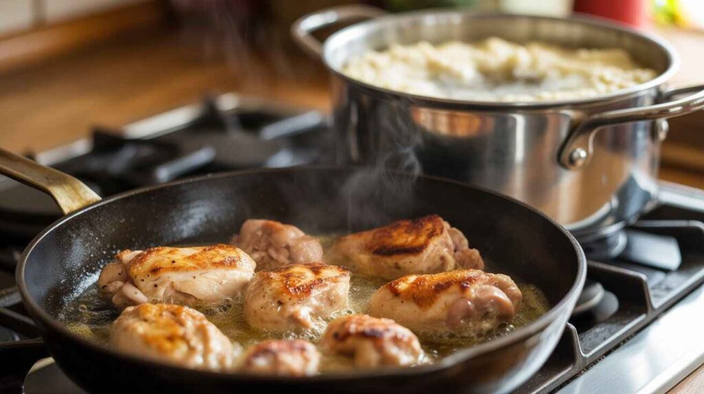 “Cooking process of chicken and grits showing chicken frying in a pan and grits simmering on the stove.”