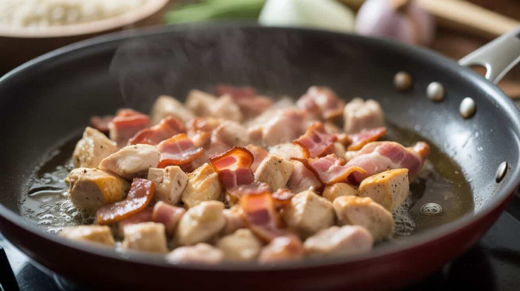 “Close-up of chicken and bacon frying in skillet for one-pot chicken and bacon rice recipe, showing crispy texture and sizzling oil.”