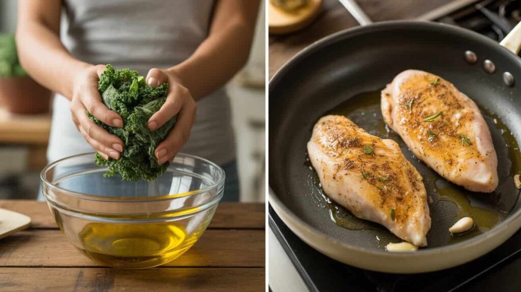 “Cooked chicken sliced into strips on a cutting board.”