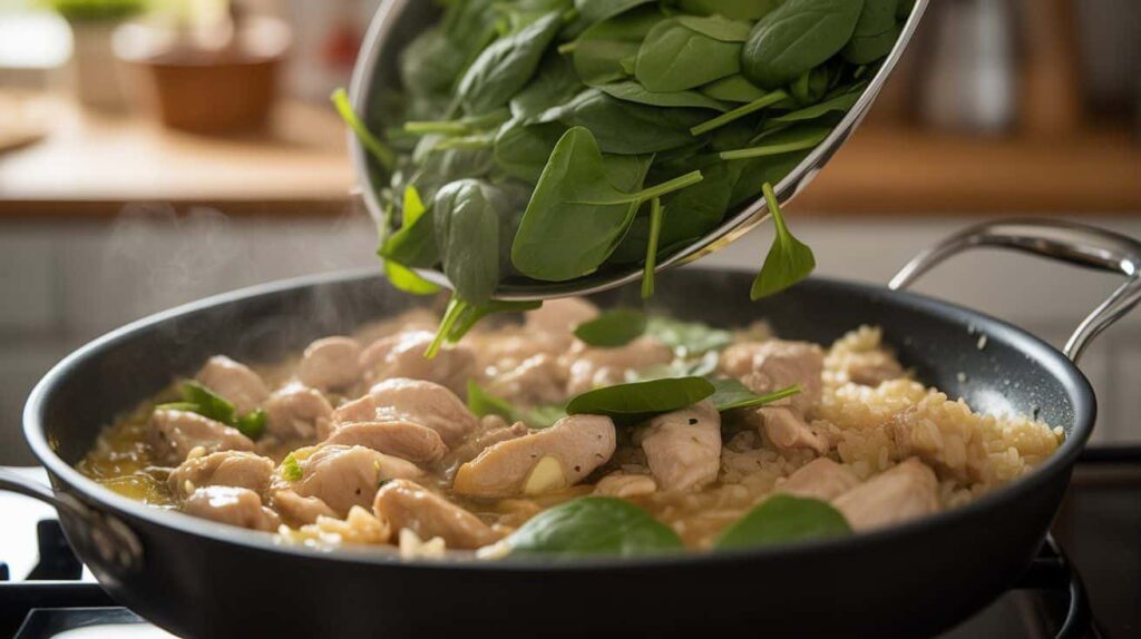 “Cooking process of chicken rice spinach recipe showing chicken, garlic, and rice in skillet.”