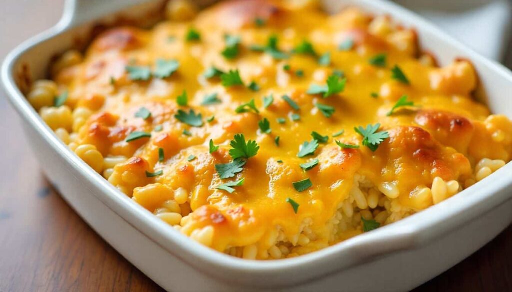 “Baked Cracker Barrel-style chicken and rice casserole topped with cheese and parsley.”