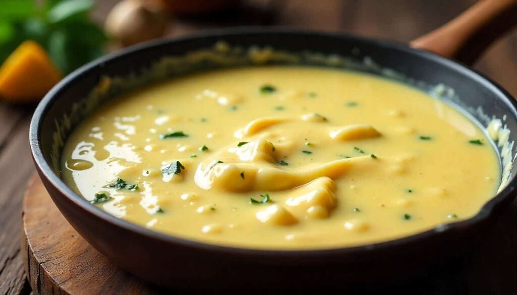 “Creamy garlic herb Boursin sauce simmering in a skillet with visible herbs and a smooth, velvety texture.”