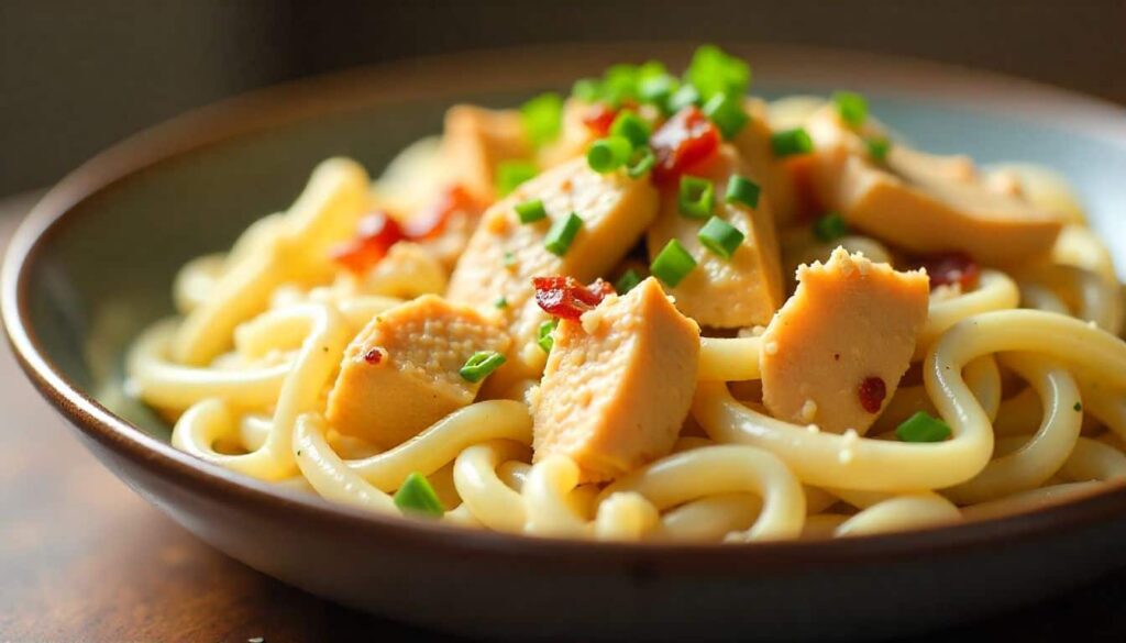 “Close-up of creamy chicken bacon ranch pasta salad showing pasta coated with ranch, chicken, and bacon.”