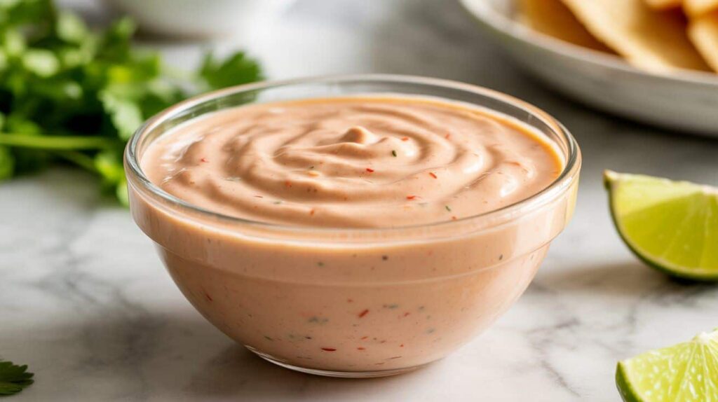 Chick fil a Creamy Salsa Dressing Recipe "A bowl of homemade Chick fil a creamy salsa dressing with cilantro and lime on a marble countertop.