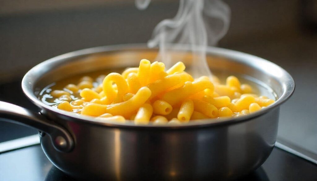 “Rotini pasta boiling in a pot on the stove for chicken bacon ranch pasta salad.”