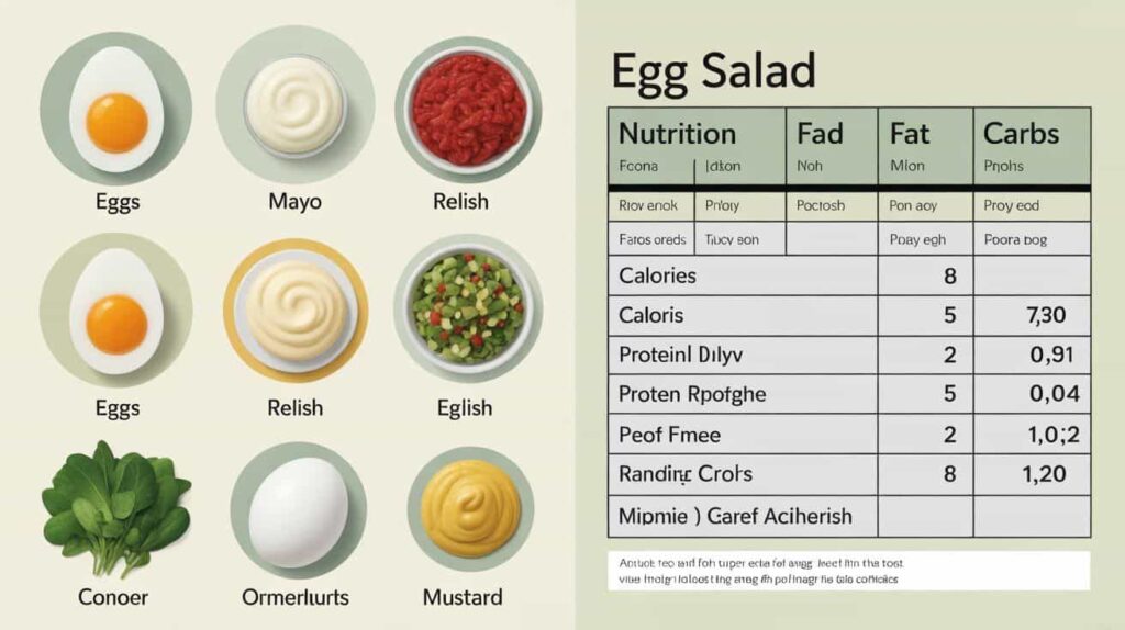 Chicken Salad Chick Egg Salad Recipe “Nutrition table graphic showing calories, protein, fat, and carbs for egg salad.”“Illustrated ingredient table showing eggs, mayo, relish, and mustard for egg salad.”