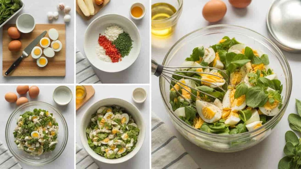 “Four-step collage showing the process of making Chicken Salad Chick egg salad.”