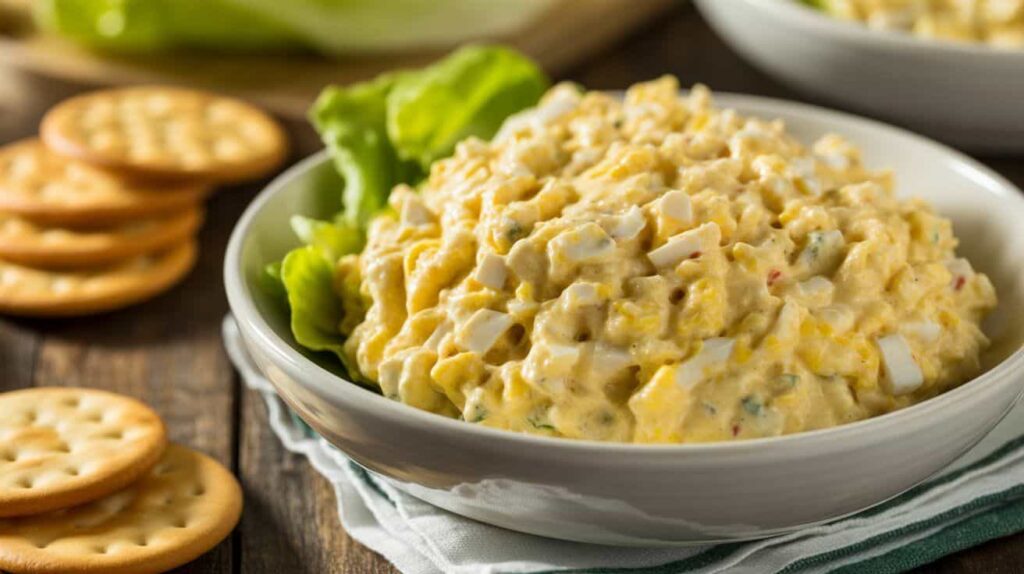 “Creamy Chicken Salad Chick egg salad in a white bowl with crackers and lettuce on a wooden table.”