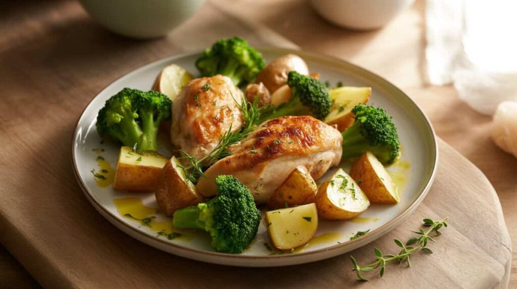 “Delicious chicken broccoli cauliflower recipe served on a plate with olive oil and herbs.”
