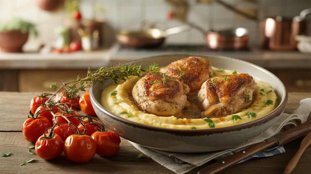 “Finished chicken and polenta dish served with white wine and parmesan garnish on a rustic table.”