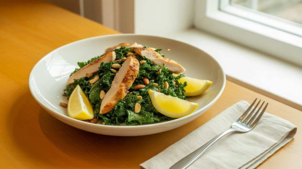 “Chicken kale salad served in a white bowl with lemon and nuts.”