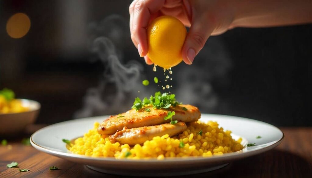 “Chef garnishing chicken and yellow rice with fresh lemon juice and parsley.”