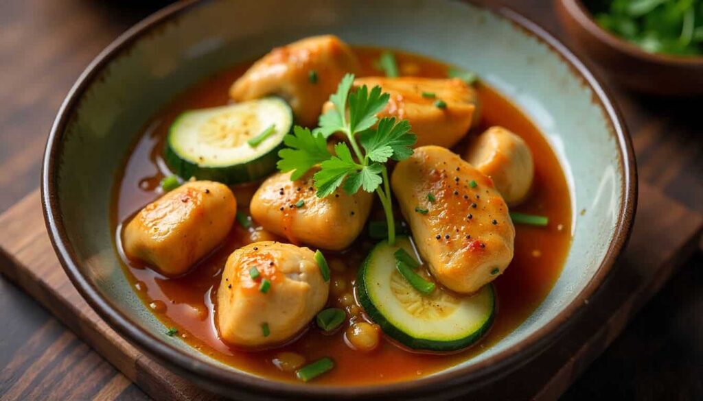 Ginger-infused chicken and zucchini stir-stew cooked in olive oil, acid reflux-friendly chicken dish served in ceramic bowl.