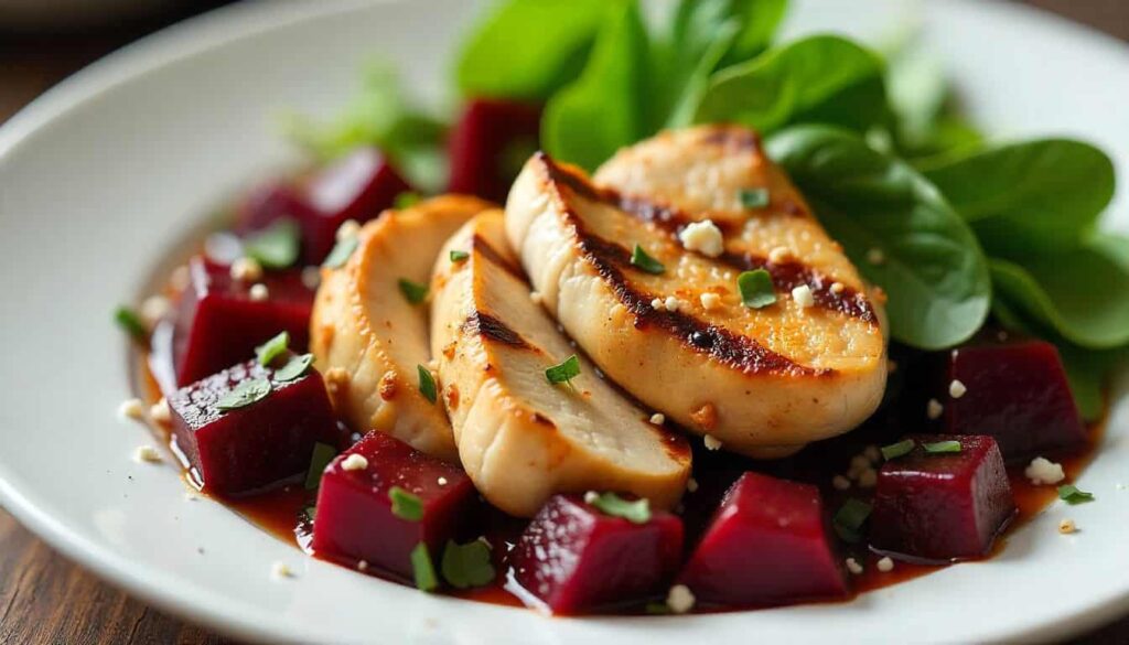 Grilled chicken beetroot salad with feta, spinach, and balsamic dressing